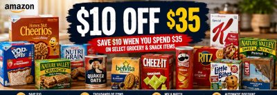 Amazon save $10 when you spend $35 grocery and snack promotion with popular grocery products