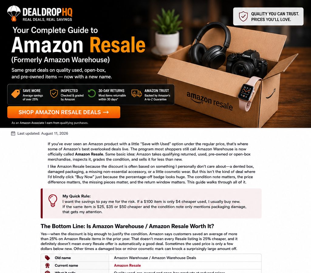 Amazon Resale savings guide showing inspection, savings and return considerations