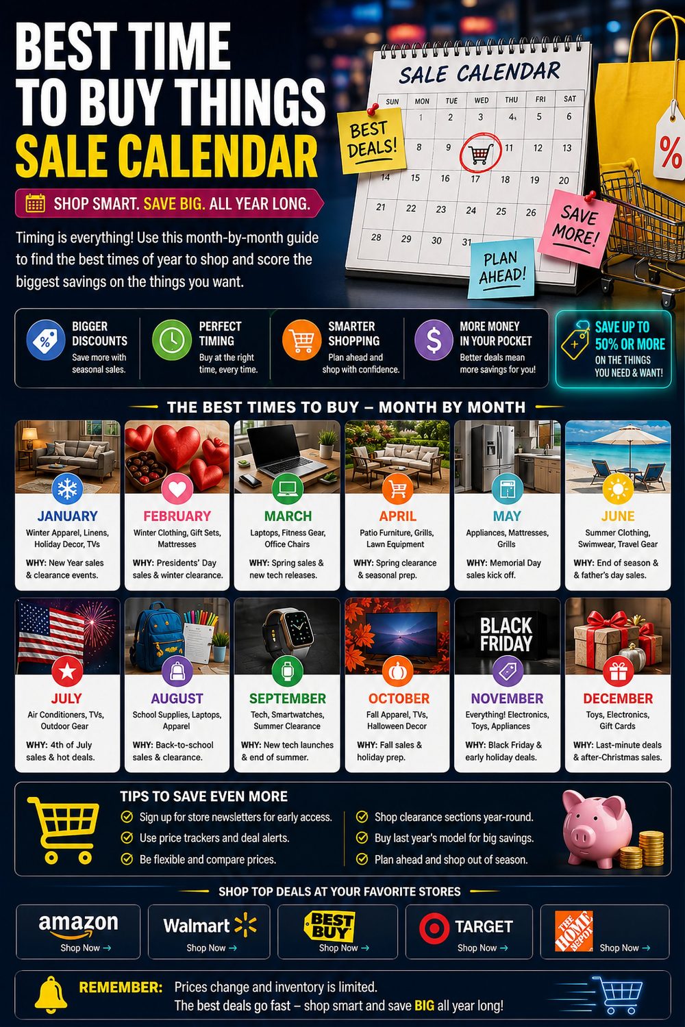 Month-by-month best time to buy infographic covering seasonal sale categories from January through December
