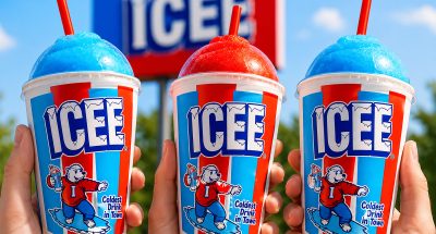 Red blue and green frozen ICEE style drinks on ice