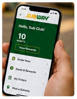 Smartphone showing a Subway-style mobile ordering and rewards screen