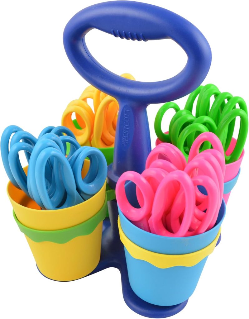 Westcott School Scissor Caddy and 5-Inch Pointed Safety Scissors for Kids, Back to School, Classroom Supplies, Assorted, 24 Pack (14755)