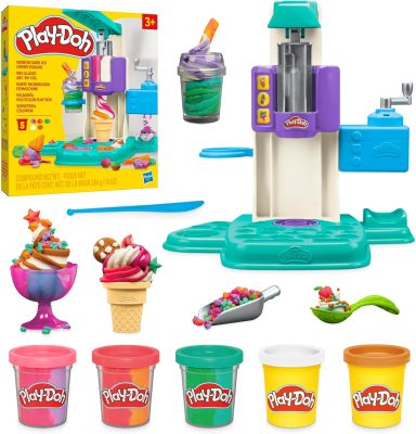 Deal Alert: Play-Doh Rainbow Swirl Ice Cream Playset with 7 Pretend Play Kitchen Accessories, Arts and Crafts Toys for 3 Year Old Girls and Boys and Up