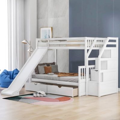 Deal Alert: Euroco Wood Twin over Full Bunk Bed with 2 Drawers and Slide, Storage Staircase for Bedroom, White