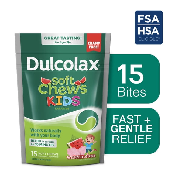 Dulcolax Kids Soft Chews Saline Laxative Watermelon Gentle Constipation Relief, Magnesium Hydroxide 1200mg, 15ct